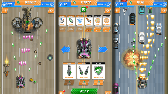 Das Bild zeigt drei Szenen aus dem Spiel "Road Madness", ein vertikales Shooter-Videospiel, in dem der Spieler ein Fahrzeug steuert und gegnerische Fahrzeuge sowie Hindernisse auf der Straße abschießt. Die Szene ist in drei Abschnitte unterteilt: der linke Abschnitt zeigt das Spielgeschehen mit einem großen gegnerischen Fahrzeug und Geschossen, der mittlere Abschnitt zeigt das Upgrade- und Auswahlmenü des Fahrzeugs, und der rechte Abschnitt zeigt weiteres Spielgeschehen mit Explosionen und gegnerischen Fahrzeugen. Das Bild zeigt drei Szenen aus dem Spiel "Road Madness", ein vertikales Shooter-Videospiel, in dem der Spieler ein Fahrzeug steuert und gegnerische Fahrzeuge sowie Hindernisse auf der Straße abschießt. Die Szene ist in drei Abschnitte unterteilt: der linke Abschnitt zeigt das Spielgeschehen mit einem großen gegnerischen Fahrzeug und Geschossen, der mittlere Abschnitt zeigt das Upgrade- und Auswahlmenü des Fahrzeugs, und der rechte Abschnitt zeigt weiteres Spielgeschehen mit Explosionen und gegnerischen Fahrzeugen.