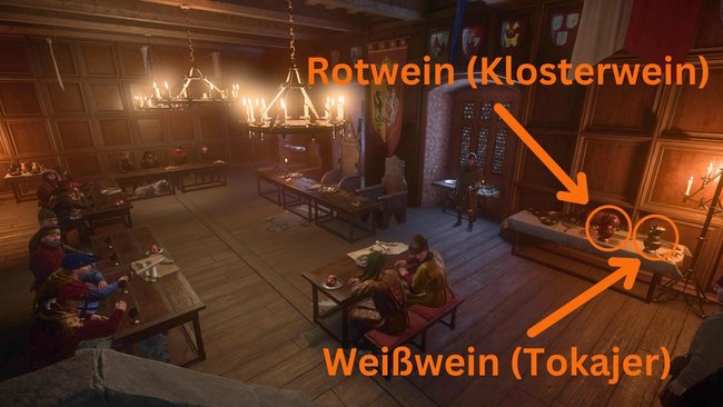 In der Ecke der Ratskammer stehen die Karaffen für Rotwein und Weißwein. In der Ecke der Ratskammer stehen die Karaffen für Rotwein und Weißwein.