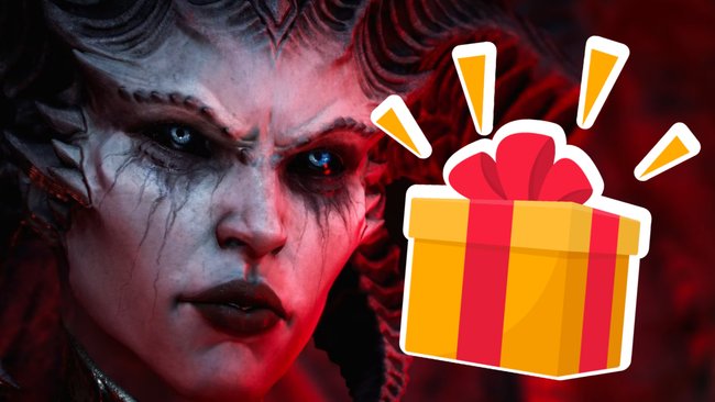 Lilith aus Diablo 4 mit einem Geschenk im Vordergrund Lilith aus Diablo 4 mit einem Geschenk im Vordergrund