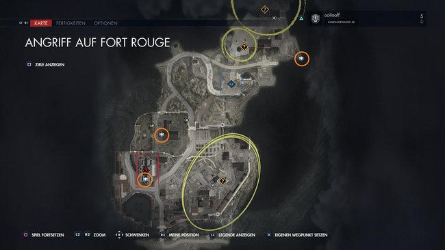 Das Bild zeigt die Map der Mission „Angriff auf Fort Rouge“, worauf die Fundorte der Steinadler markiert sind. Das Bild zeigt die Map der Mission „Angriff auf Fort Rouge“, worauf die Fundorte der Steinadler markiert sind.