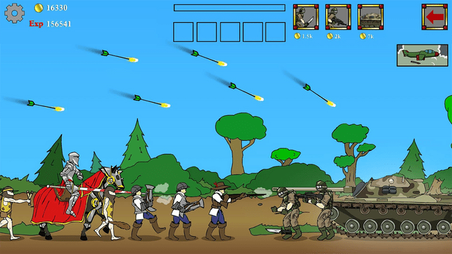 Der Screenshot zeigt das Strategiespiel "Age of War". Links sind Ritter in Rüstungen, ein Ritter auf einem Pferd und Soldaten mit Waffen abgebildet. Rechts befinden sich moderne Soldaten und ein Panzer. Die Einheiten greifen sich an, Pfeile fliegen durch die Luft. Im Hintergrund sind Bäume und blauer Himmel zu sehen. Der Screenshot zeigt das Strategiespiel "Age of War". Links sind Ritter in Rüstungen, ein Ritter auf einem Pferd und Soldaten mit Waffen abgebildet. Rechts befinden sich moderne Soldaten und ein Panzer. Die Einheiten greifen sich an, Pfeile fliegen durch die Luft. Im Hintergrund sind Bäume und blauer Himmel zu sehen.