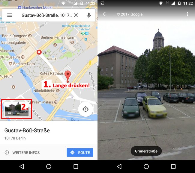 In Android müsst ihr erst die Ortsnadel setzen, bevor ihr Street View öffnen könnt In Android müsst ihr erst die Ortsnadel setzen, bevor ihr Street View öffnen könnt