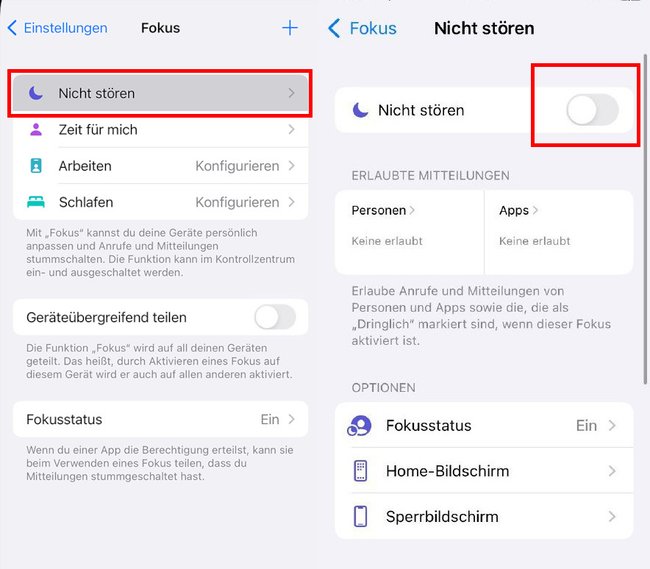 So deaktiviert ihr den „Nicht stören“-Modus auf dem iPhone. (Bildquelle: Apple/GIGA) So deaktiviert ihr den „Nicht stören“-Modus auf dem iPhone. (Bildquelle: Apple/GIGA)