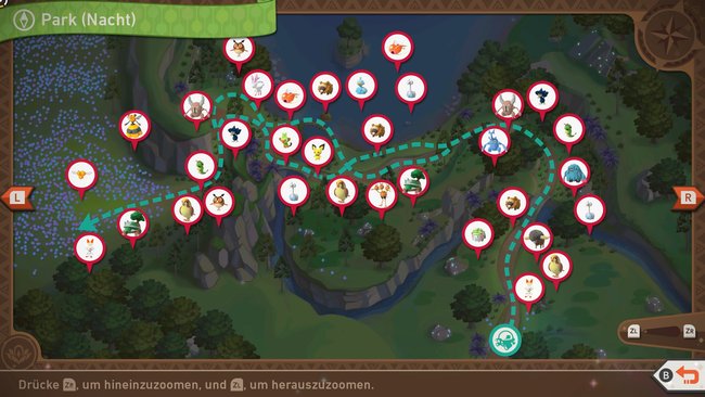 Karte mit Pokémon-Fundorten auf der Strecke „Park (Nacht)“. Karte mit Pokémon-Fundorten auf der Strecke „Park (Nacht)“.