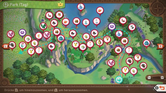 Karte mit Pokémon-Fundorten auf der Strecke „Park (Tag)“. Karte mit Pokémon-Fundorten auf der Strecke „Park (Tag)“.