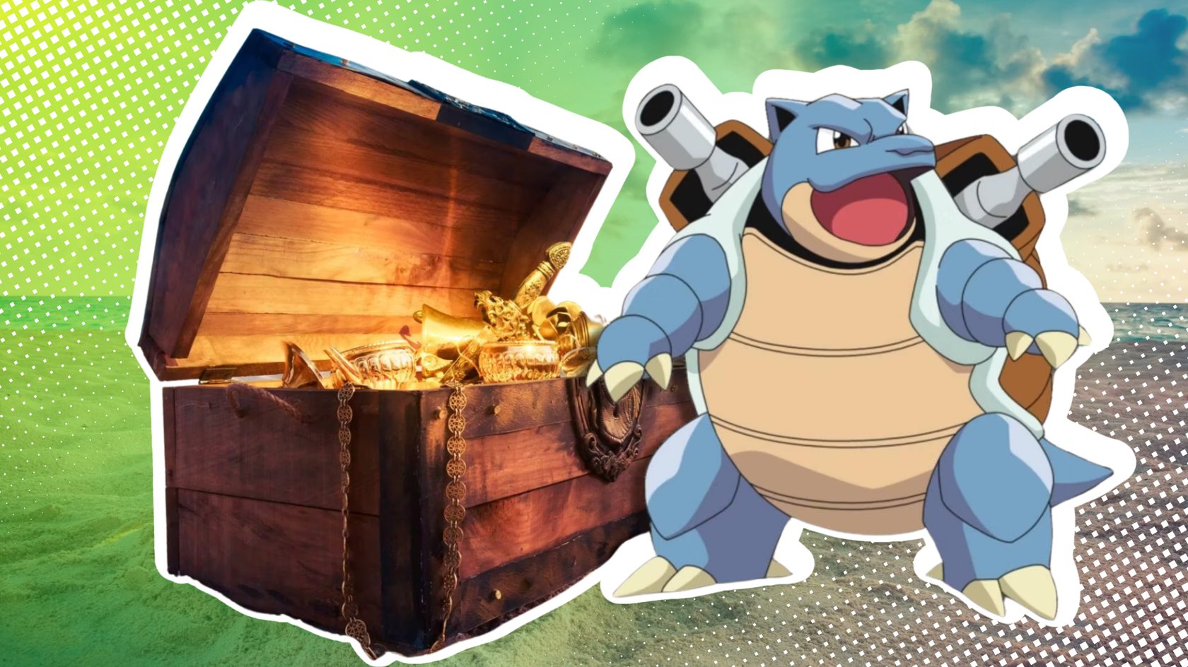 Pokémon Turtok vor einer Schatztruhe, die mit Gold gefüllt ist.