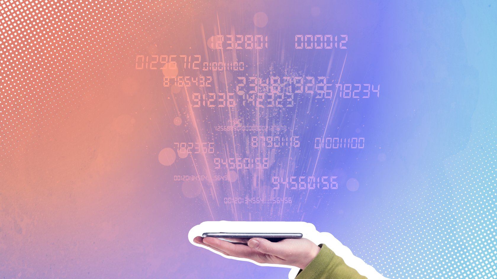 Hand hält ein Smartphone, von dem weiße Zahlen und Lichtstrahlen aufsteigen.
