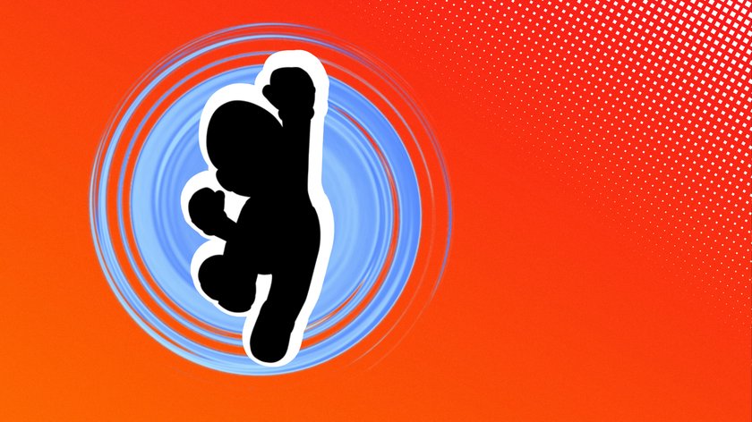 Die Silhouette von Super Mario (Nintendo-Videospiel-Charakter) vor einem an das Seriensegment "Who is that Pokemon" angelehnten Hintergrund.