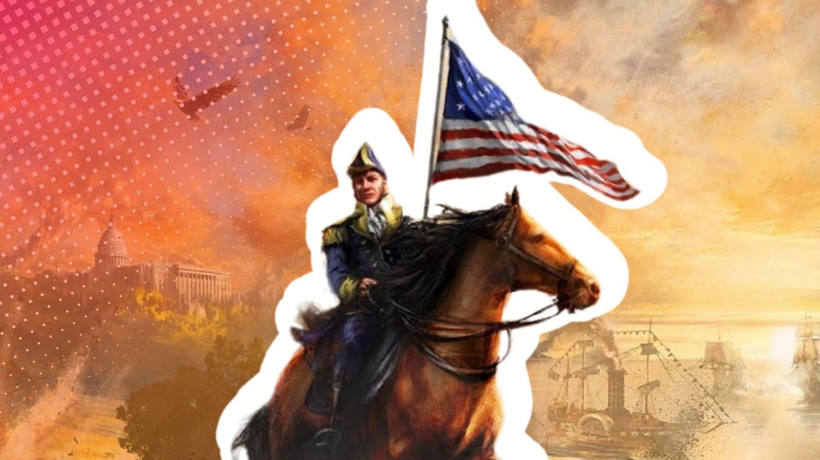 Ein Reiter auf einem Pferd, der eine Flagge der Vereinigten Staaten von Amerika schwingt.