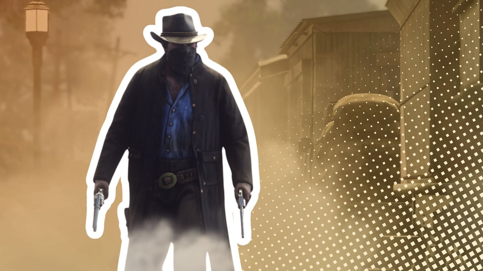 Das Bild zeigt Arthur Morgan aus Red Dead Redemption 2. Er steht, mit jeweils einem Revolver in beiden Händen und ist weiß hervorgehoben. 