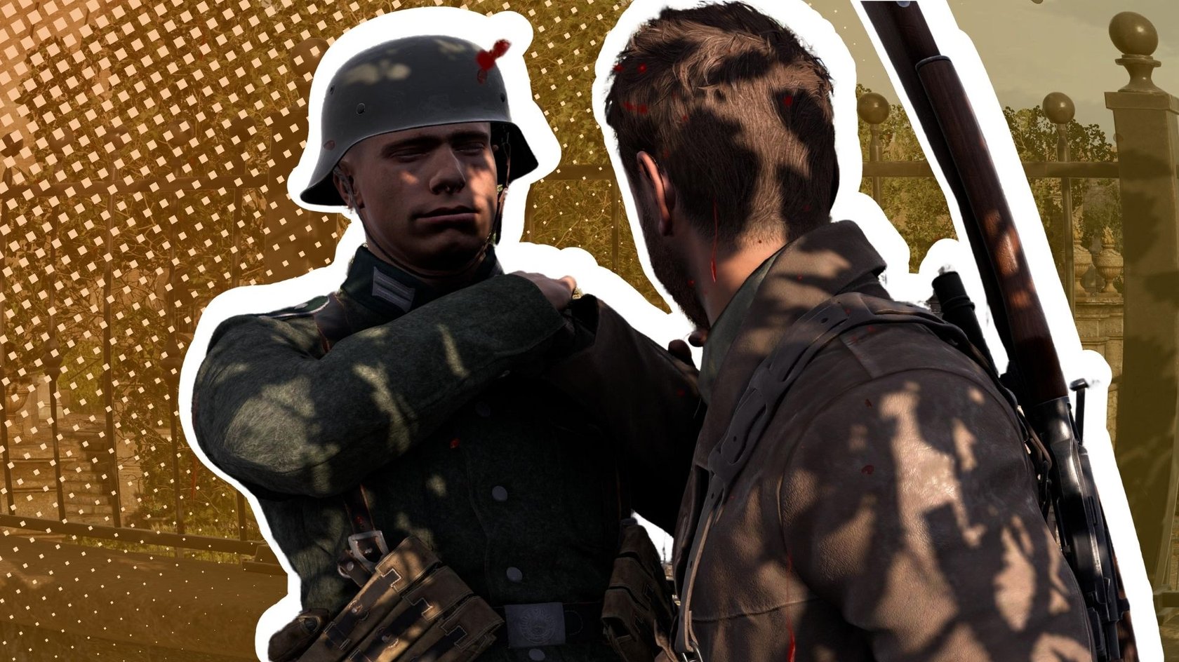 Das Bild zeigt Harry Hawker aus Sniper Elite: Resistance, wie er gerade einen feindlichen Soldaten im Kampf eliminiert. Beide sind weiß umrandet.