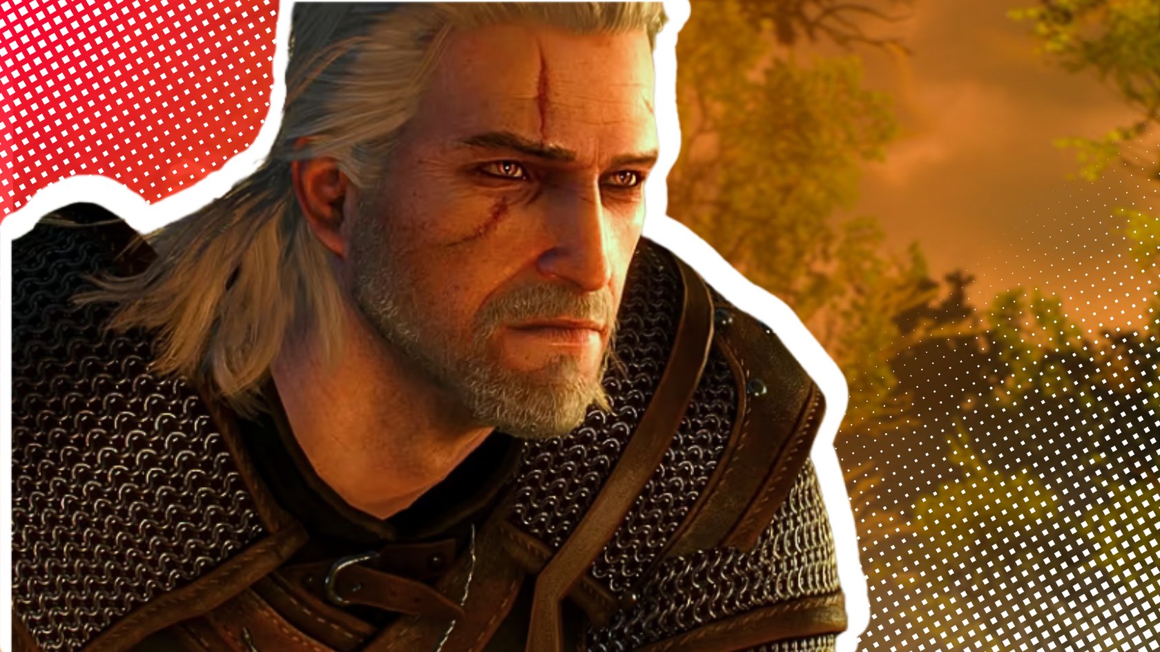 Ein Charakter mit langen, weissen Haaren trägt eine detaillierte Rüstung aus Kettenhemd und Leder. Im Hintergrund ist eine Landschaft mit Bäumen und einem orangefarbenen Himmel zu sehen. Der Bildstil erinnert an ein Videospiel oder eine Illustration, mit einem grafischen Overlay aus weissen Punkten und roten Akzenten.